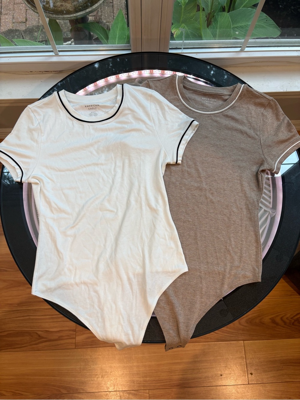 new American Eagle Short-Sleeve Bodysuits in White and Brown Heather